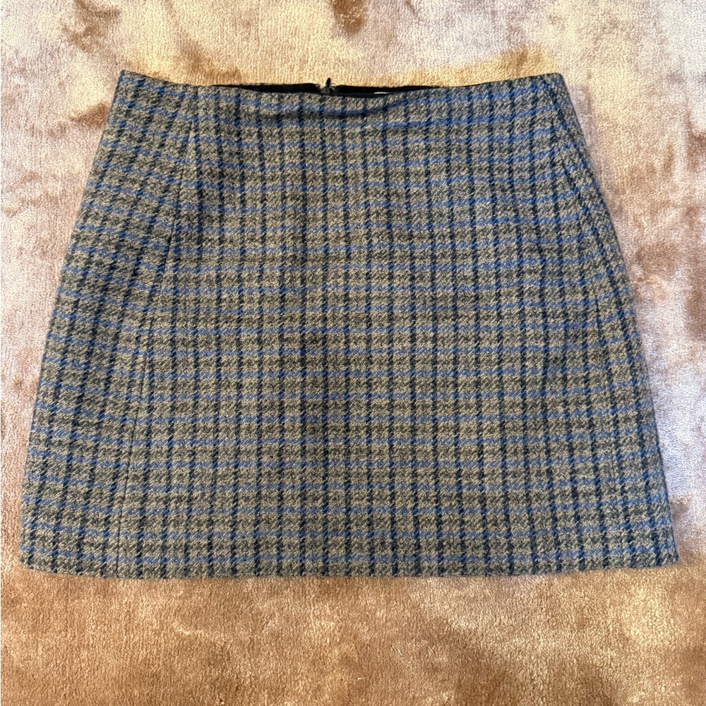 Sezane Blue and Gray Plaid Wool Blend Mini Skirt